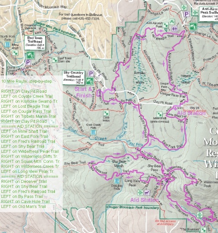 Map of the 10 mile trail run course at Cougar Mountain Wildland Regional Park Lord, part of the Cougar Mountain Trail Run series produced by Meridian Geographics