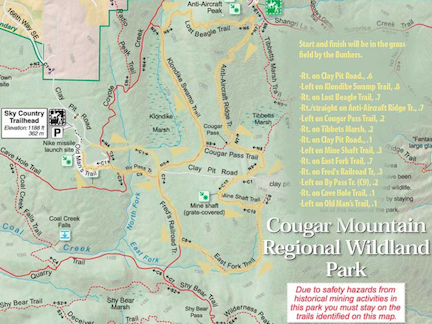 Map of 5 mile trail run, part of the Scott Cougar Mountain Trail Run series produced by Meridian Geographics and Seattle Running Club.