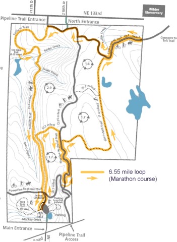 Map of the Marathon and Half-Marathon loop for Redmond Watershed trail run produced by Northwest Trail Runs